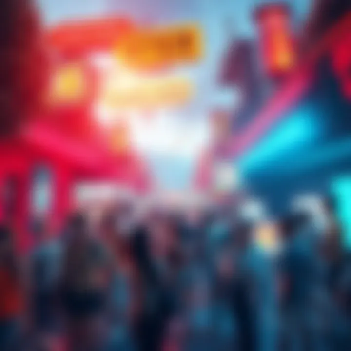 A vibrant scene depicting the highlights of Cryptoland, featuring people celebrating and engaging with crypto culture, surrounded by digital art and nostalgic icons from the era.