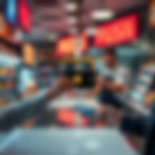 A merchant at a counter receiving payment from a customer using a smartphone displaying a stablecoin app