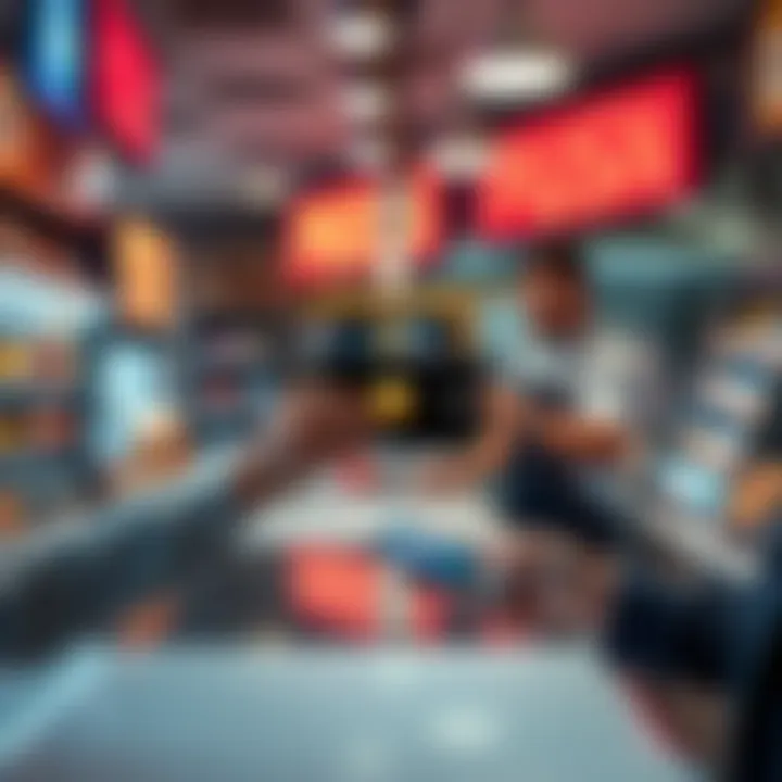 Merchant accepting cryptocurrency payment A merchant at a counter receiving payment from a customer using a smartphone displaying a stablecoin app