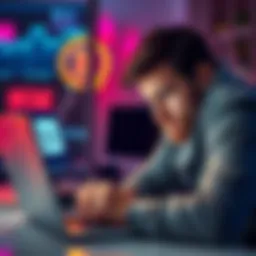 A frustrated user looking at a laptop screen displaying a blocked message on the Mexc platform, showing confusion and disappointment over the Easy Earn feature being inaccessible.