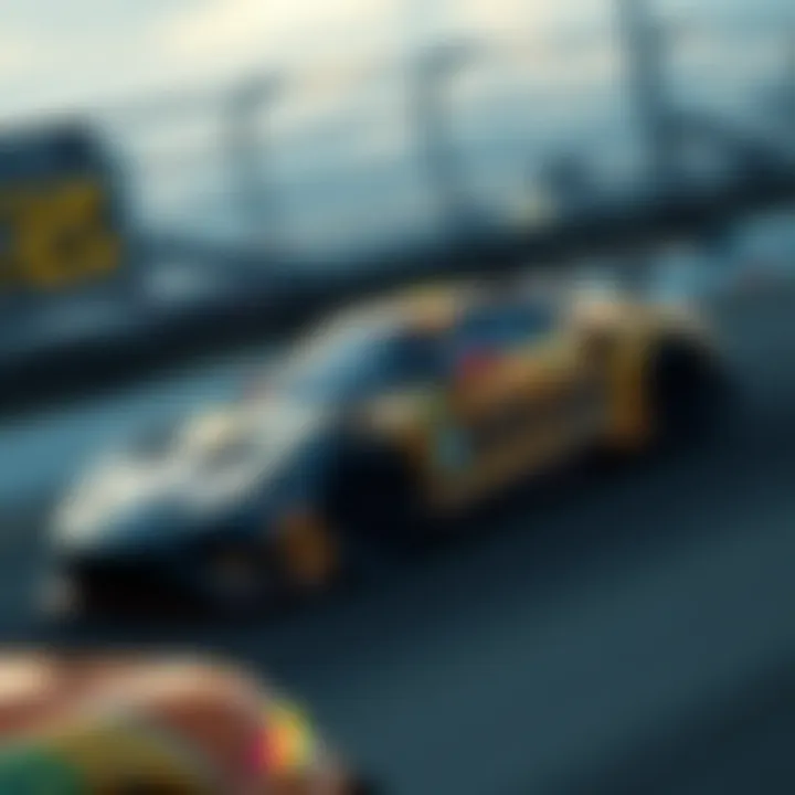 A Bitcoin-themed racing car from Meyer Shank Racing speeds around the Daytona track during the 24-hour race, showcasing a blend of motorsport and cryptocurrency.