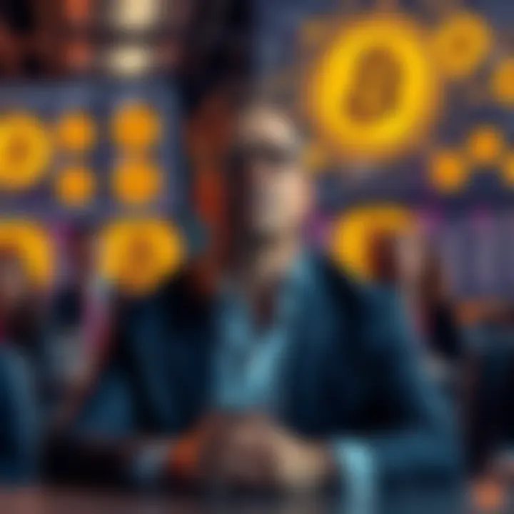 Michael Saylor speaks at a conference, surrounded by Bitcoin graphics, with concerned investors in the background.