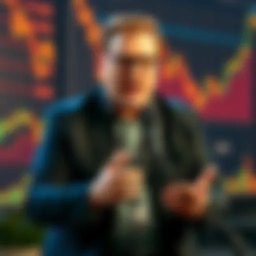 Michael Saylor confidently speaking about Bitcoin while surrounded by charts and graphs related to market trends.