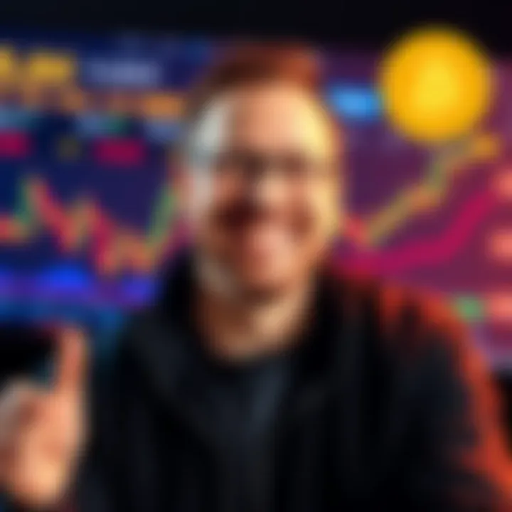 Michael Saylor smiling while discussing Bitcoin, with a backdrop of Bitcoin graphics and market trends