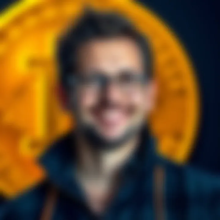 Michael Saylor smiling with Bitcoin logo in the background, symbolizing his successful predictions about cryptocurrency.