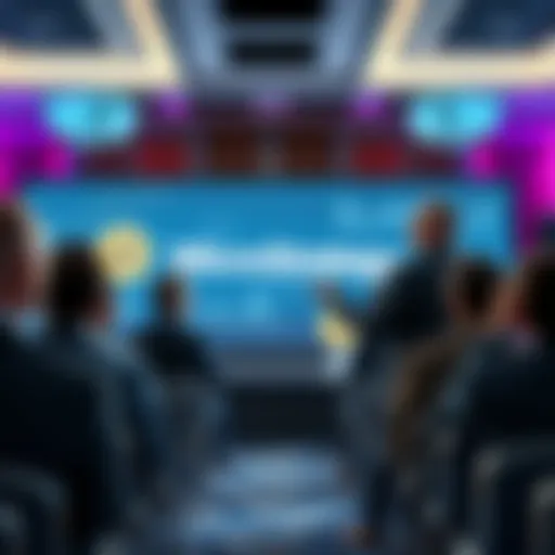 Michael Saylor presenting his views on Bitcoin to an audience, with a backdrop displaying the MicroStrategy logo