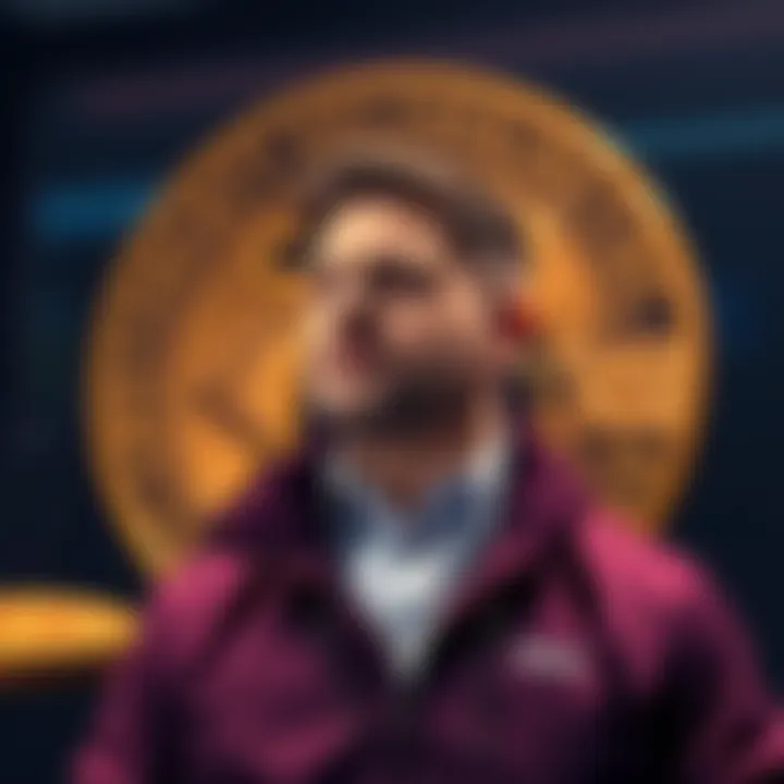 Michael Saylor stands in front of a Bitcoin logo, looking contemplative after selling Bitcoin, raising questions in the crypto community.