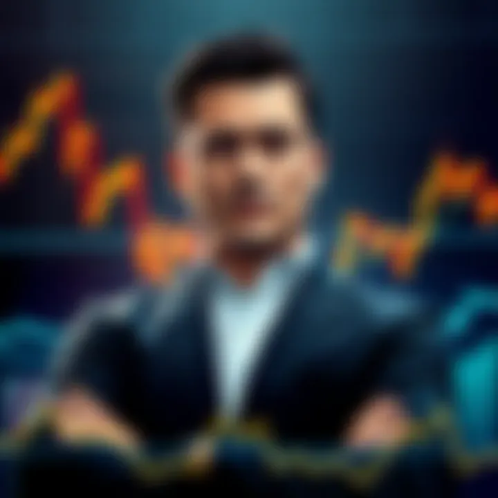 Michael Saylor Confident During Stock Decline Michael Saylor stands firm with a serious expression, showcasing determination despite a significant stock price drop, with financial charts in the background showing a downturn.