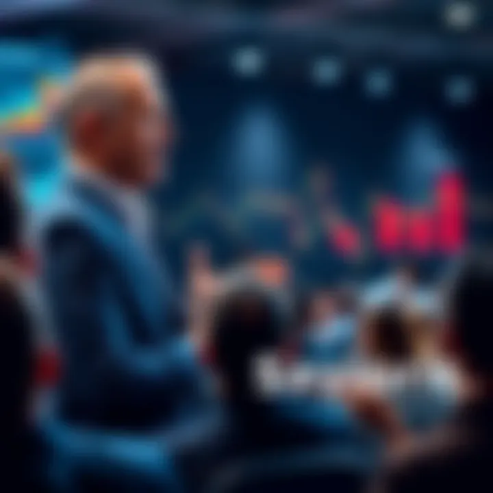 Michael Saylor speaking at a conference about his financial strategies, engaging audience with charts and graphs in the background