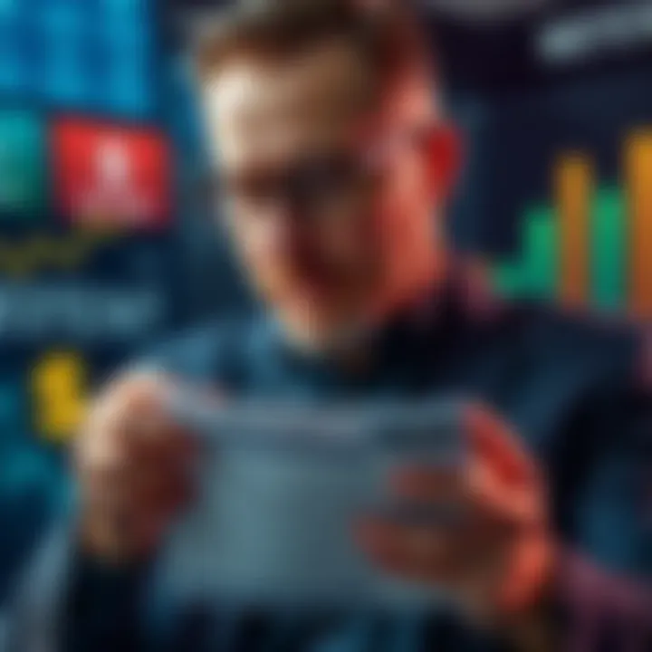 Michael Saylor's Investment Strategy A graphic showing a man calculating financial strategies with symbols for buying high, selling low, and asset dilution in the background.