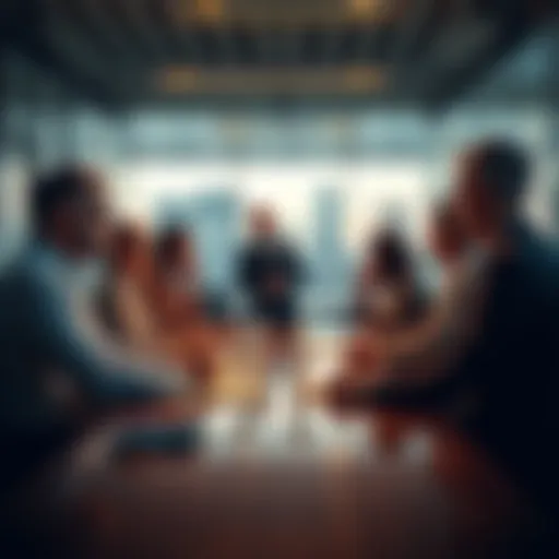 Group of business leaders discussing strategy in a modern office setting