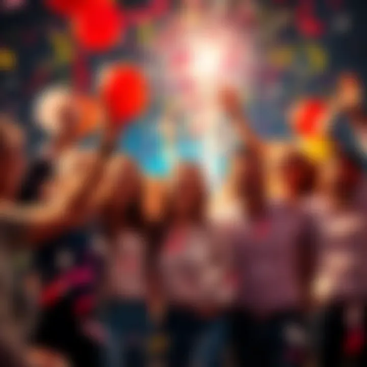A group of happy people celebrating a significant achievement with confetti and balloons.