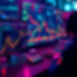 A person mining lesser known alt coins on a computer with graphs showing rising values in the background.