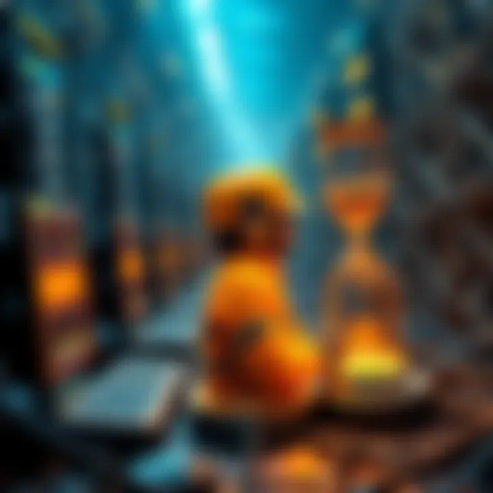 A visual representation of Bitcoin mining over time, showing miners working on computers and an hourglass symbolizing the long time required to mine the last million BTC.