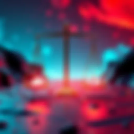 A visual representation of a mining pool nearing 50% hashrate dominance, showing a balance scale tipping towards one side, symbolizing centralization concerns in cryptocurrency mining