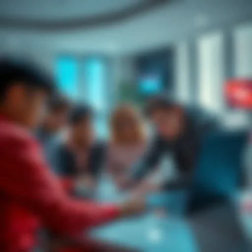 A group of young people analyzing charts and discussing cryptocurrency on a laptop in a bright room