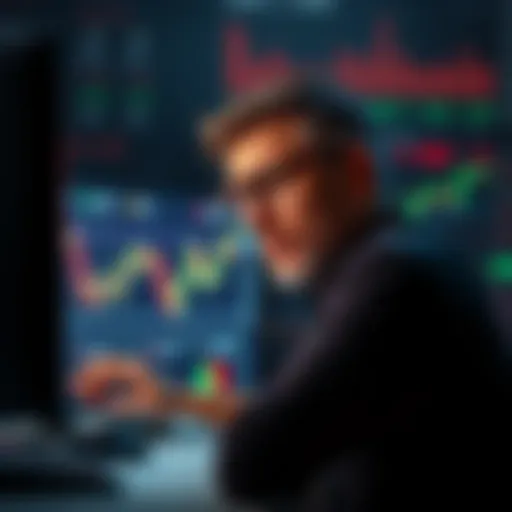 A person analyzing trading charts on a computer, looking concerned about making investments.