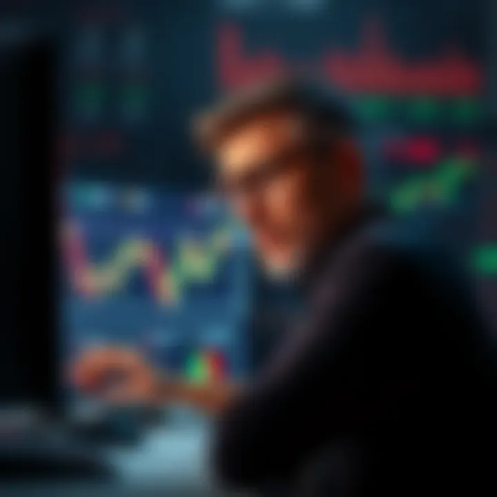 Mirror Trading Concept A person analyzing trading charts on a computer, looking concerned about making investments.
