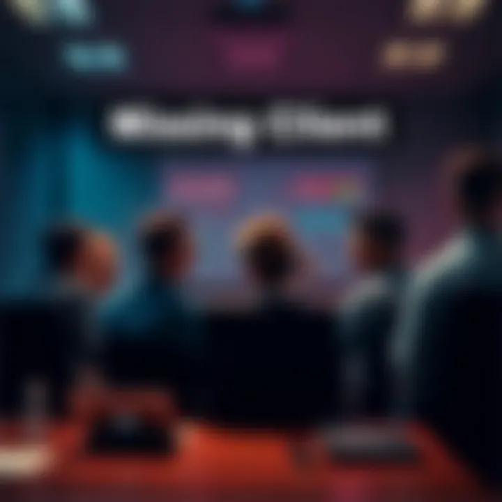 A group of people discussing missing client updates in a meeting room, showing concern and frustration