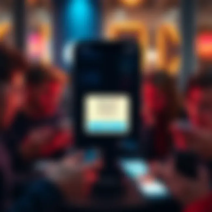 A smartphone screen showing an app interface with a missing gift card purchase button, surrounded by frustrated users discussing on their devices.