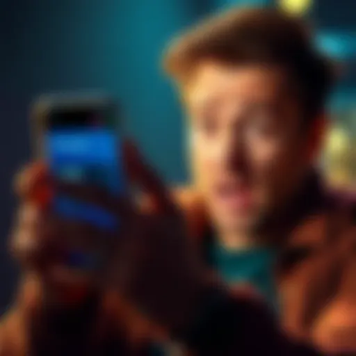A worried individual looking at their phone with a shocked expression, showing the Revolut app with a balance of zero.