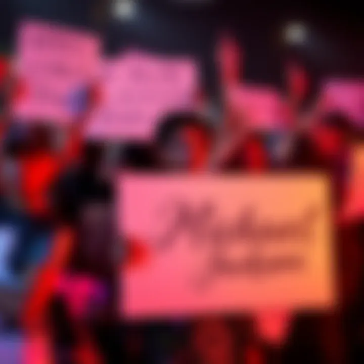 MJ Fans Showing Loyalty A group of Michael Jackson fans holding signs and wearing memorabilia, showcasing their devotion and support for the artist.