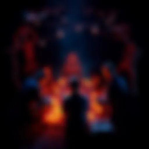 A group of people sitting in a circle during a modern day cult meeting, with candles and symbols around them.