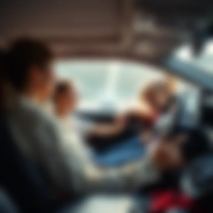 A determined mother navigating a Honda CRV using her legs while her daughter sits in the passenger seat