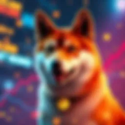 A Shiba Inu dog representing the $MOMO memecoin, surrounded by cryptocurrency symbols and a growing graph.