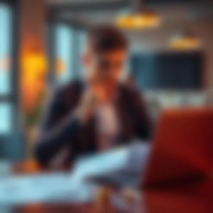 A young professional contemplating investment in Monero with financial documents and a laptop on the table.