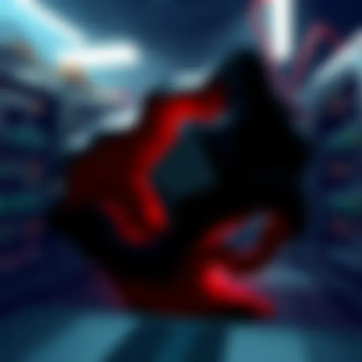 A digital illustration showing a Monero symbol surrounded by dark shadows, representing a potential 51% attack. In the background, mining rigs are depicted, highlighting the mining process.