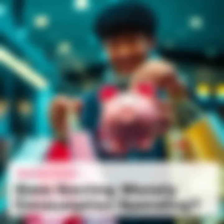 A person holding a piggy bank while looking at shopping bags, symbolizing the balance between saving money and spending.