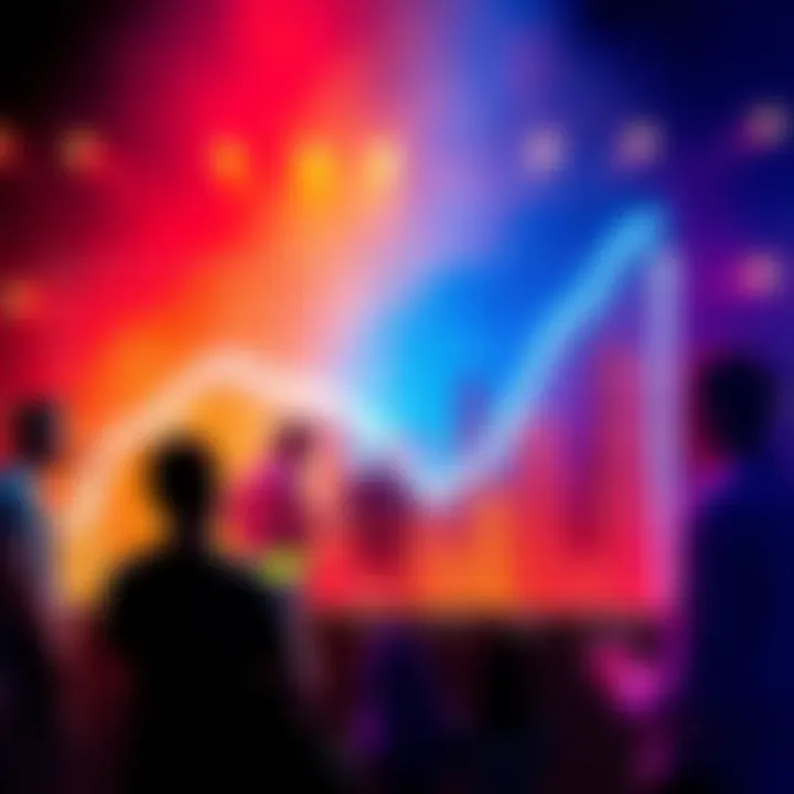 Graph showing a downward trend in monthly challenge rewards with community members discussing in the background