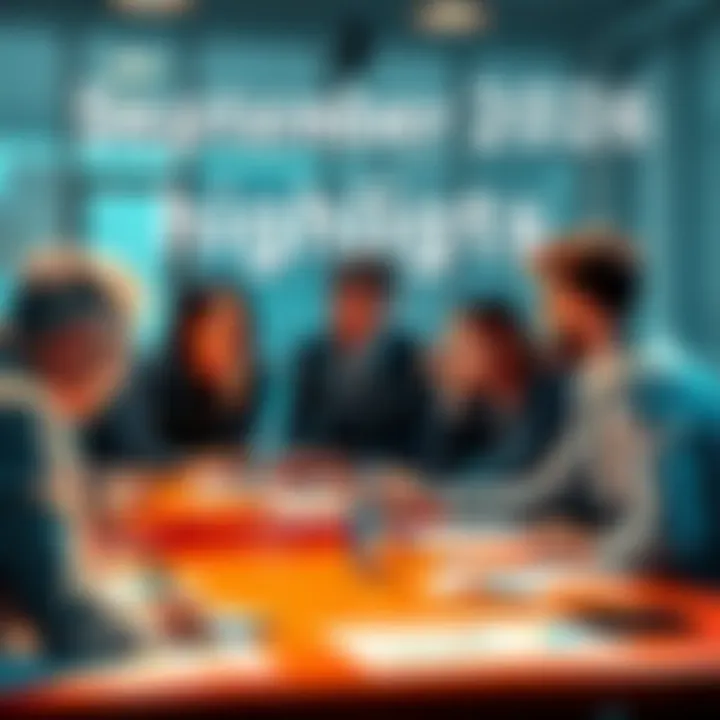 Group of people discussing trends at a meeting table with charts and notes