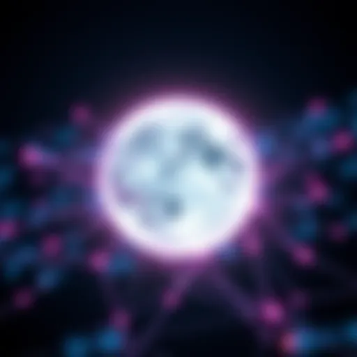 Moon Node Concept An illustration of a digital representation of the Moon Node, featuring a stylized moon and network connections, symbolizing technology and innovation.