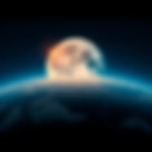 A clear view of the moon rising above Earth with stars in the background