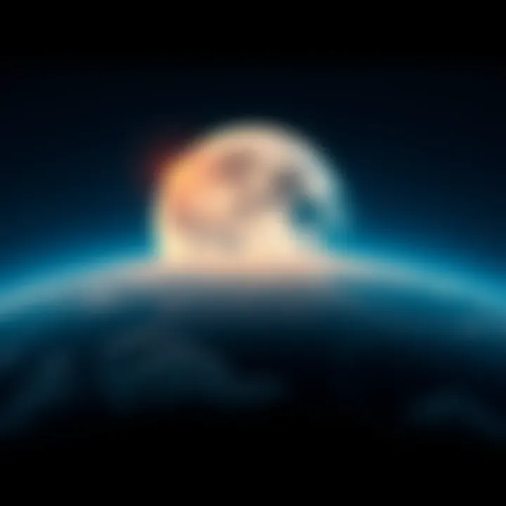 A clear view of the moon rising above Earth with stars in the background