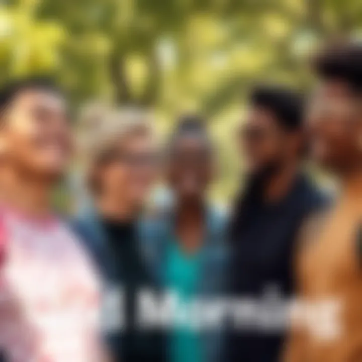 A group of diverse people smiling and saying 'Good Morning' to each other in a sunny park setting.