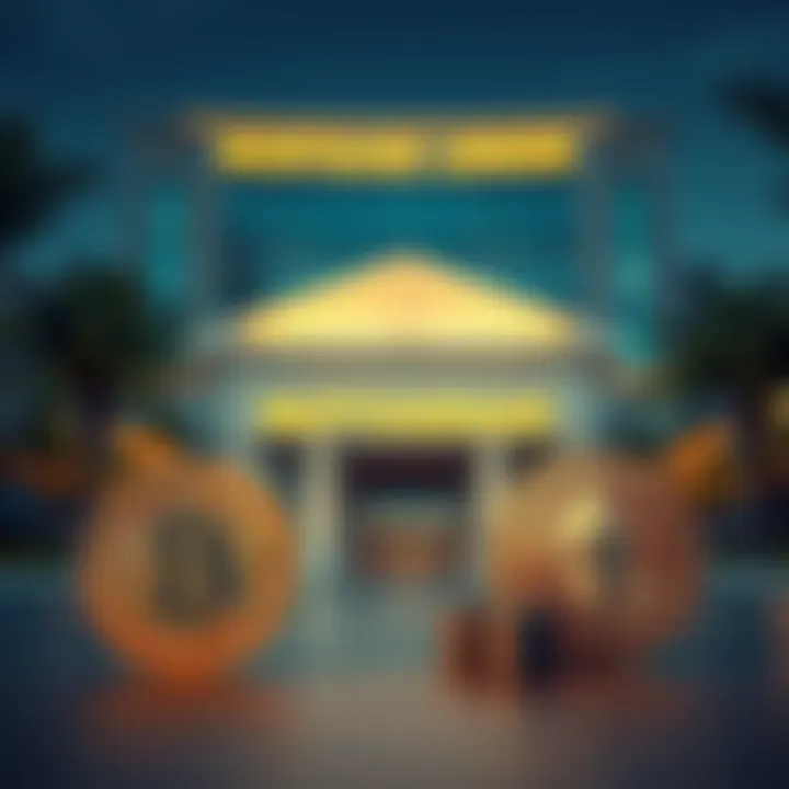 Mortgage lender embraces cryptocurrency A financial building with Bitcoin and Ethereum symbols in front, representing a mortgage lender's shift to cryptocurrencies