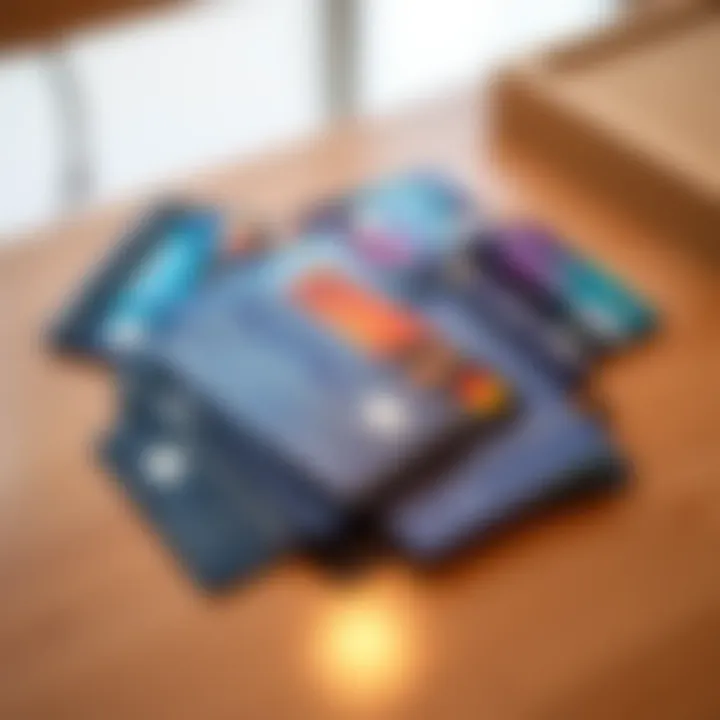 Multiple Debit Cards on Table A collection of physical debit cards placed on a table, symbolizing different spending accounts for family members.