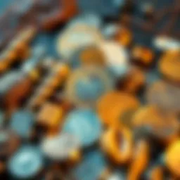 A close-up view of various natural resources like gold, silver, and shells arranged next to modern coins, symbolizing the connection between nature and money's origins.