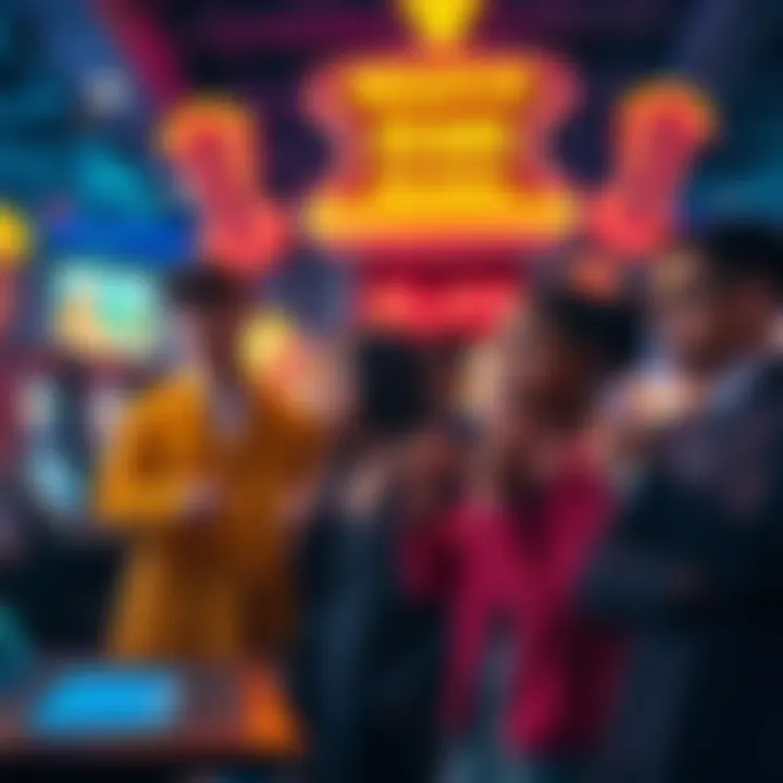 A group of diverse people discussing cryptocurrency and casino gaming, looking at screens showing negative account balances