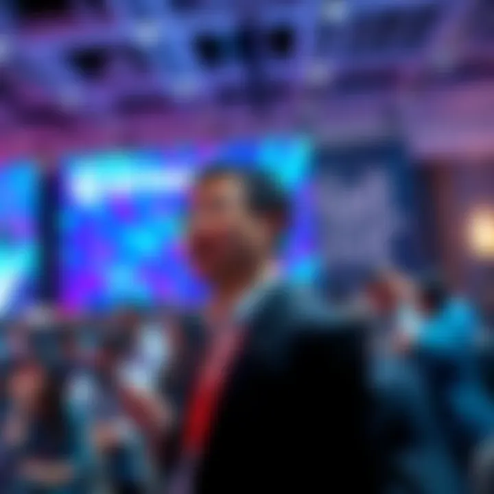 Nenter Chow, CEO of BitMart, speaking at the Global Blockchain Show with an audience engaged in the background