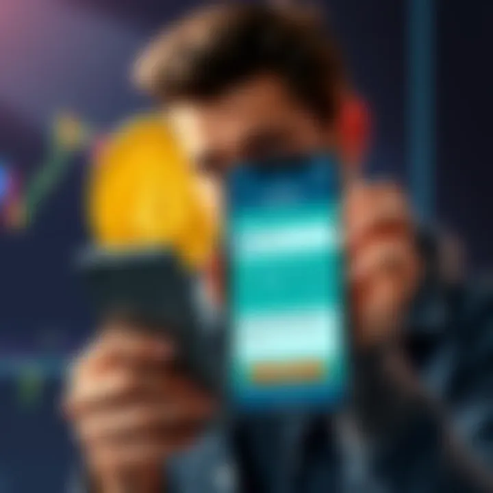 A person looking concerned while holding a smartphone showing a cryptocurrency exchange app, warning about lost funds, with symbols of Bitcoin in the background