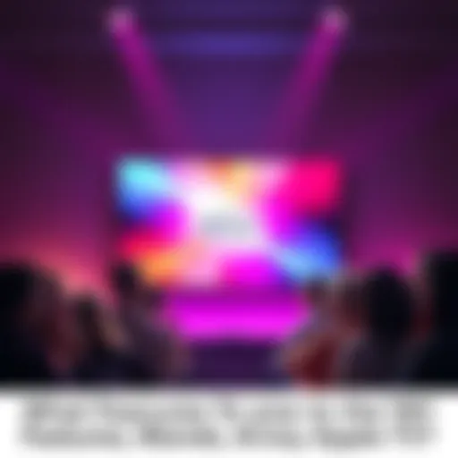 A group of people discussing features they want in the next Apple TV model, with a TV displaying the Apple logo in the background.