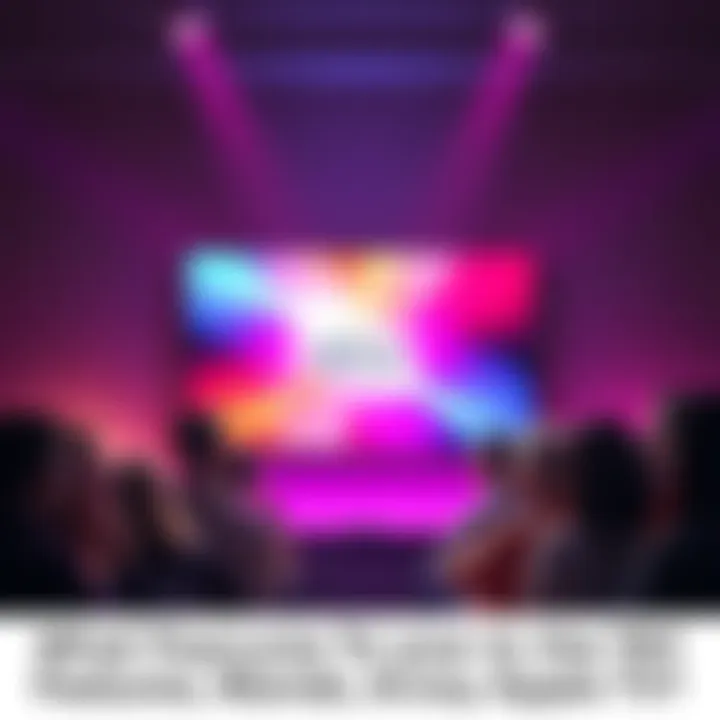 New Apple TV Features A group of people discussing features they want in the next Apple TV model, with a TV displaying the Apple logo in the background.