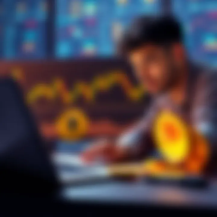 New Investor Exploring Cryptocurrency A person with a laptop looking at cryptocurrency graphs and digital coins representing Bitcoin, Ethereum, Solana, XRP, and Monero