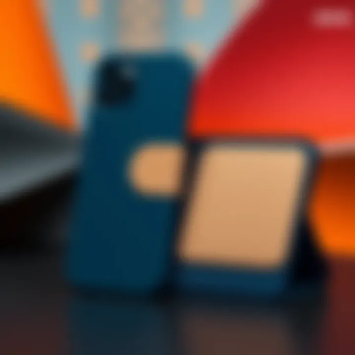 Stylish iPhone Duo case in Navy Blue and Sand, and folio in Taupe and Navy Blue with kickstand