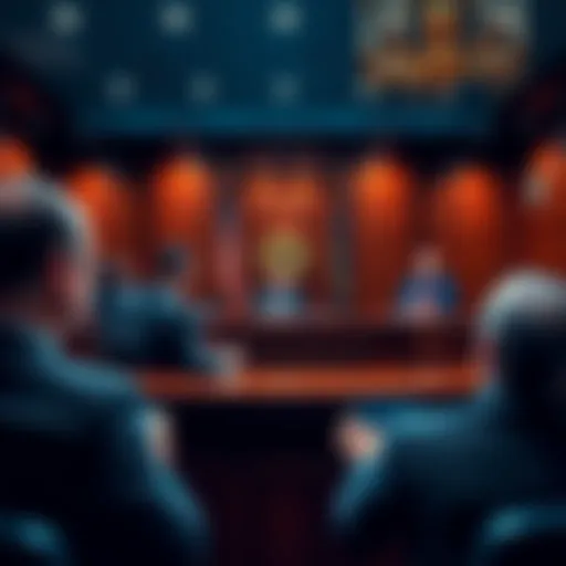 A courtroom scene with a judge, the defendant, and legal representatives; the man is sentenced for using Bitcoin in a fentanyl deal.