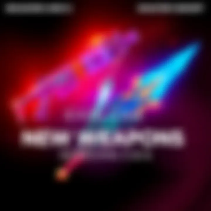 Showcase of the new weapons like Monster Slugger, Portable Portal, and Wasp Sword with glowing effects and a dramatic background